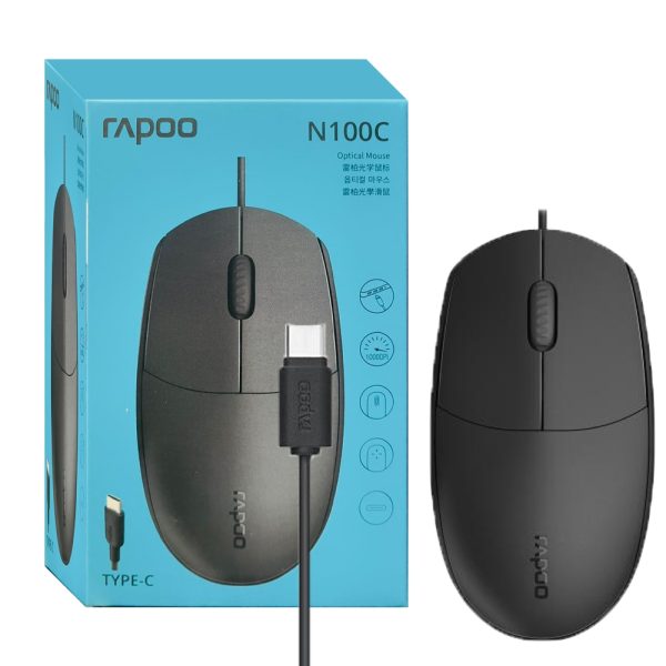 ماوس سیم دار رپو TYPE-C N100C مشکی  RAPOO