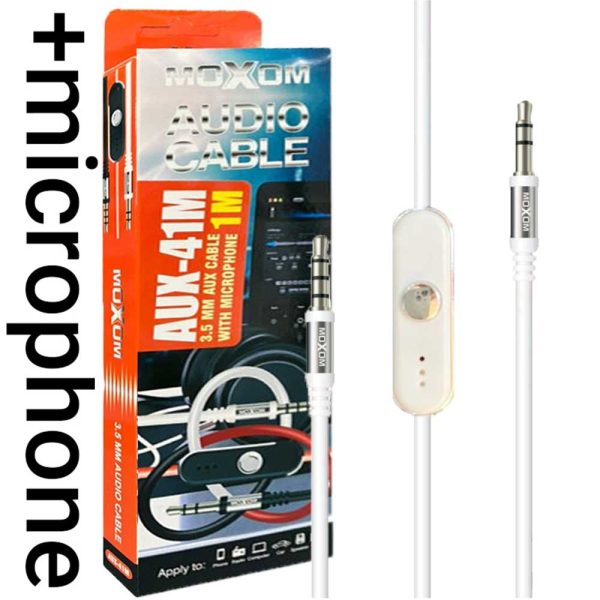 کابل صدا میکروفن دار MOXOM AUX-41M 1M سفید